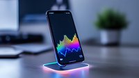 Smartphone displaying colorful stock market graph chart on glowing wireless charging pad, modern business workspace with blurred background.