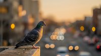 Urban pigeon perched on ledge with blurred city street lights and traffic bokeh background during golden hour sunset creating warm atmospheric mood.