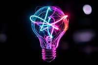Glowing neon light bulb with blue and pink electric streaks on dark background, creative energy concept for innovation and bright ideas.