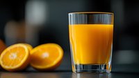 Fresh squeezed orange juice in clear glass with whole and sliced oranges on dark background, selective focus on drink for food and beverage photography.