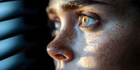 Close up portrait of young woman with freckles and amber eyes looking through window blinds in dramatic lighting, creating mysterious atmosphere.