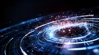 Futuristic circular technology pattern with glowing blue light trails and digital elements creating dynamic spiral motion against dark background.