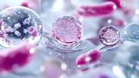 Macro photography of pink and blue water drops with air bubbles creating abstract artistic composition on reflective surface. Soft dreamy bokeh background.