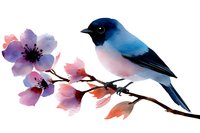 Blue and pink songbird perched on blooming cherry branch with delicate watercolor flowers in soft pastel hues, artistic nature illustration.