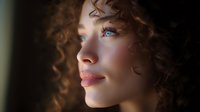 Young woman with natural curly brown hair and striking blue eyes in soft side profile lighting against dark background, showcasing natural beauty and contemplative expression.