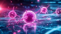 Glowing pink virus cells floating in blue digital space with light effects and reflections, scientific visualization for medical and healthcare concepts.