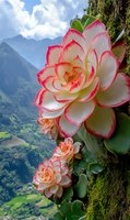 Stunning pink-edged succulent flowers blooming on mountain cliff with dramatic valley landscape and cloudy sky backdrop for nature photography projects.