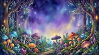 Enchanted forest clearing with glowing mushrooms, twisted trees, and magical starlit sky in purple and gold tones, suitable for fantasy backgrounds and mystical themed designs.
