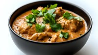 Creamy butter chicken curry with tender meat pieces in rich orange-colored sauce, garnished with fresh cilantro leaves, served in black ceramic bowl on white surface.