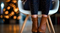Woman wearing brown leather ankle boots and sparkly navy leggings sitting in modern white chair with Christmas lights bokeh in background creating cozy holiday atmosphere.