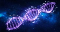 Glowing purple DNA double helix structure with sparkling particles against deep blue cosmic space background for science and genetics concepts.