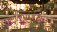 Floating purple flowers and candles create romantic spa ambiance with warm bokeh lights reflecting on water surface for wellness and relaxation themes.