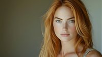 Young woman with red hair, freckles and blue eyes looking directly at camera with gentle smile against blurred green background. Natural beauty portrait.