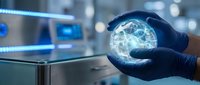 Hands holding glowing digital brain hologram in futuristic laboratory setting with blue LED lights and advanced technology equipment for AI research.