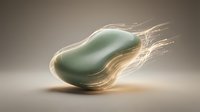 Translucent green and golden organic form with flowing liquid edges and glowing light effects on neutral background, suitable for abstract design, wellness, and scientific visualization projects.