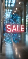 Glowing red neon sale sign surrounded by futuristic blue network connections and digital nodes on reflective glass storefront, creating modern retail atmosphere.