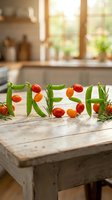 Word FRESH spelled with green pea pods, cherry tomatoes, and rosemary on rustic wooden table in sunny kitchen, healthy food concept.