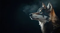 Majestic wolf portrait in profile against dark background, dramatic lighting highlights facial features and fur texture, atmospheric wilderness mood creates mystical effect.