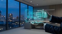 Young male professional in business suit holding holographic digital wireframe building model with glowing grid interface against urban cityscape window at night, representing architecture technology and smart city development.