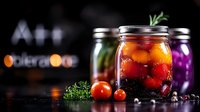 Homemade pickled vegetables in glass jars with herbs and spices on dark background. Colorful preserved tomatoes and cabbage for healthy eating.