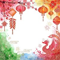Colorful Asian festival frame with red lanterns, cherry blossoms, dragon, firecrackers and traditional ornaments on white background for celebration design.