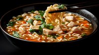Steaming hot Asian noodle soup with chicken pieces, carrots and fresh herbs in dark bowl, chopsticks lifting noodles showing texture and steam.