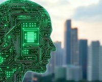 Digital profile silhouette with glowing green circuit board pattern overlaid on blurred urban cityscape background showing artificial intelligence concept.