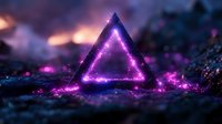 Glowing purple triangle with magical sparkles and particles floating in dark mystical environment against blurred background, creating ethereal atmospheric scene.
