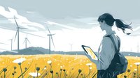 Young Asian woman using smartphone in field with wind turbines and dandelions, illustrating sustainable technology and renewable energy in modern lifestyle.