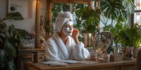 Young woman in white bathrobe and towel turban applying skincare routine at wooden vanity table with plants in cozy bathroom interior for wellness lifestyle.