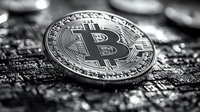 Silver bitcoin coin on circuit board background with dramatic lighting and shallow depth of field, showcasing cryptocurrency technology and digital finance.