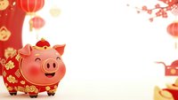 Cute pink piggy bank with golden decorations and red lanterns for Chinese New Year celebration, prosperity and wealth concept on festive background.