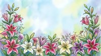 Watercolor lily flowers border with pastel background, pink and white blooms framing copy space for greeting cards and invitations.