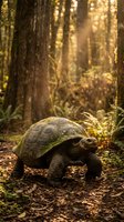 Giant tortoise walking through misty forest with golden sunlight filtering through tall trees and moss-covered ground for wildlife and nature editorial use.