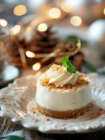 Individual no-bake cheesecake with whipped cream topping and mint garnish on vintage plate, soft bokeh lights background creates festive holiday atmosphere.