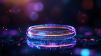 Glowing neon ring with purple and blue reflections on dark surface against blurred bokeh background creates magical atmosphere for fantasy designs.