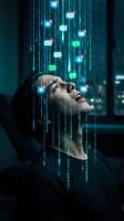 Young Asian businessman looking up at digital data stream with email and notification icons floating in cyberspace matrix code environment.