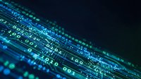 Digital binary code streams flowing through cyberspace with glowing blue and green data particles creating futuristic technology network visualization.