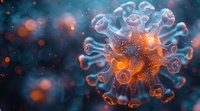 Microscopic view of virus cell structure with glowing orange core and blue protein spikes against dark background with bokeh light effects. Medical science visualization.