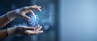 Hands in white gloves holding glowing atom symbol with digital data charts and graphs, representing scientific research, innovation, and technology development in laboratory or corporate environment.