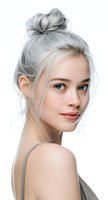 Young woman with silver gray hair styled in messy bun, blue eyes, and natural makeup against white background for beauty and fashion advertising.