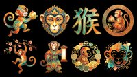 Monkey character illustrations in Asian artistic style, isolated on transparent background. Ready for t-shirt design, clipart, stickers, print-on-demand products, and sublimation projects.