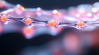Glowing orange spheres encased in transparent bubbles on curved line against dark background with bokeh effect, creating futuristic technological pattern.
