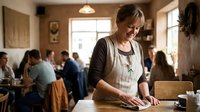 Mature female artisan with gray hair wearing apron working at wooden table in workshop studio with multiple people collaborating in background, creative small business environment.