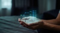 Young adult male hand holding glowing digital network circuit board visualization, representing technology, innovation, and data connectivity for business and digital transformation concepts.