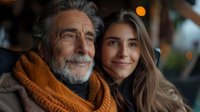 Heartwarming portrait of mature father with gray beard and young adult daughter smiling together, wearing cozy winter scarves against blurred bokeh background.
