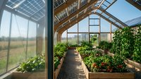 Modern greenhouse interior with wooden structural beams, glass panels, and rows of potted plants growing under natural sunlight, suitable for agriculture and gardening projects.