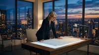Professional woman with blonde hair, wearing dark business attire, reviewing architectural blueprints at wooden desk in modern high-rise office with panoramic city skyline views at sunset, urban corporate environment.