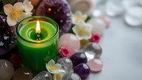 Green candle burning surrounded by healing crystals, gemstones and flowers creating peaceful spa meditation atmosphere for wellness and relaxation rituals.