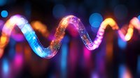 Glowing neon wave tube with multicolored blue and pink lights creating dynamic curved shape against dark background with bokeh effect. For party or club design.